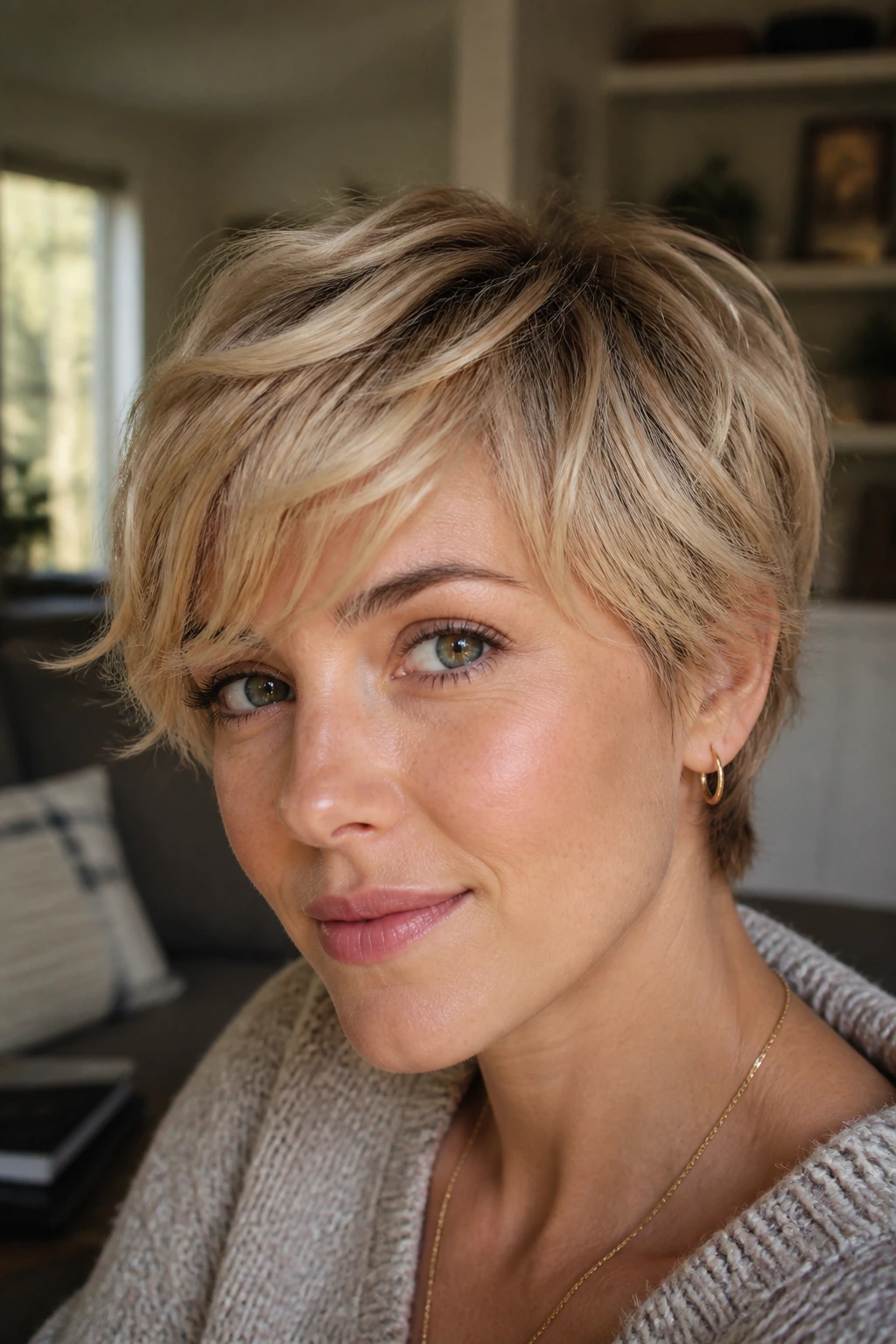 Close-up of a real person with wispy bixie fringe in a cozy living room