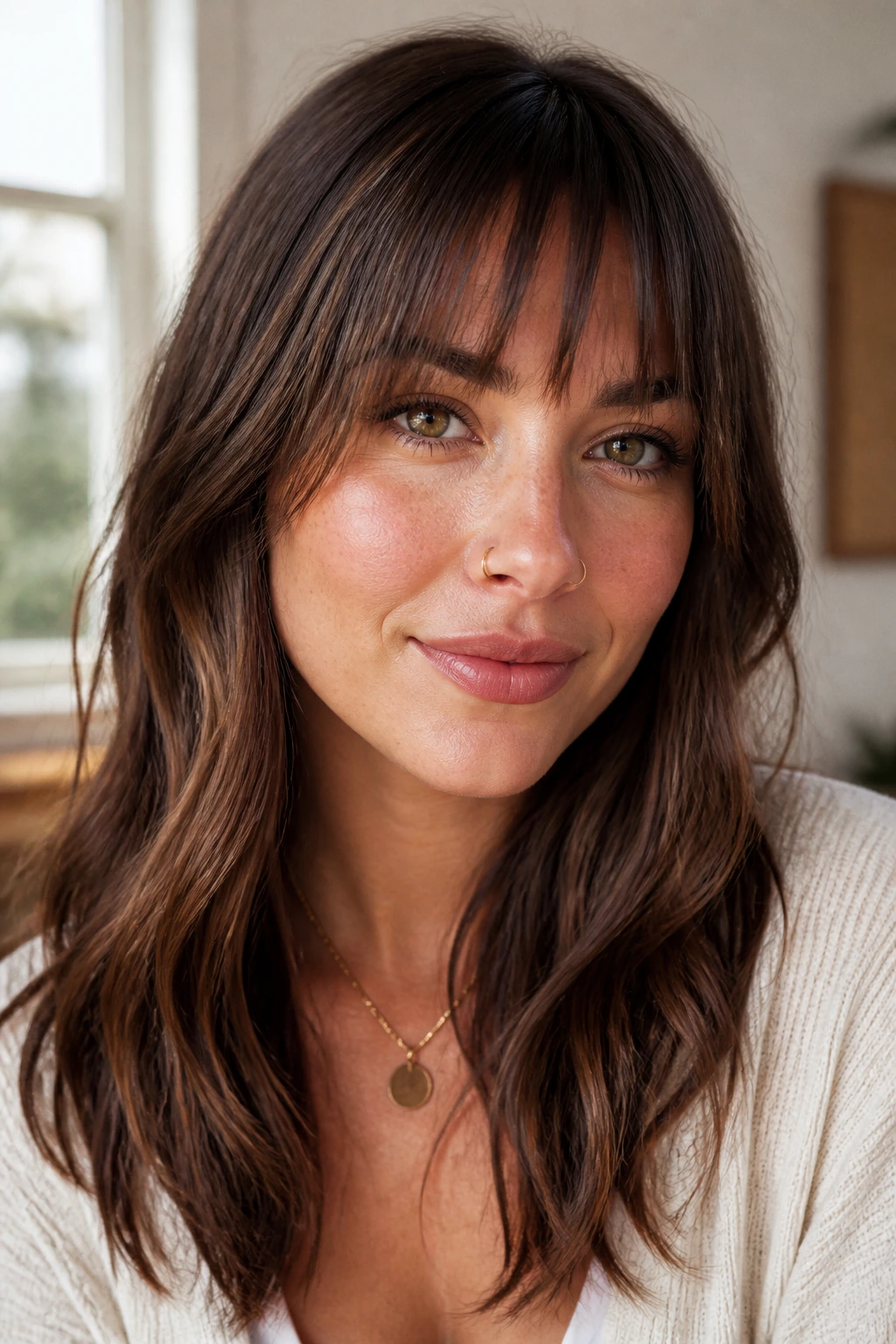 Close-up of a real woman with wispy blunt bangs and broken ends