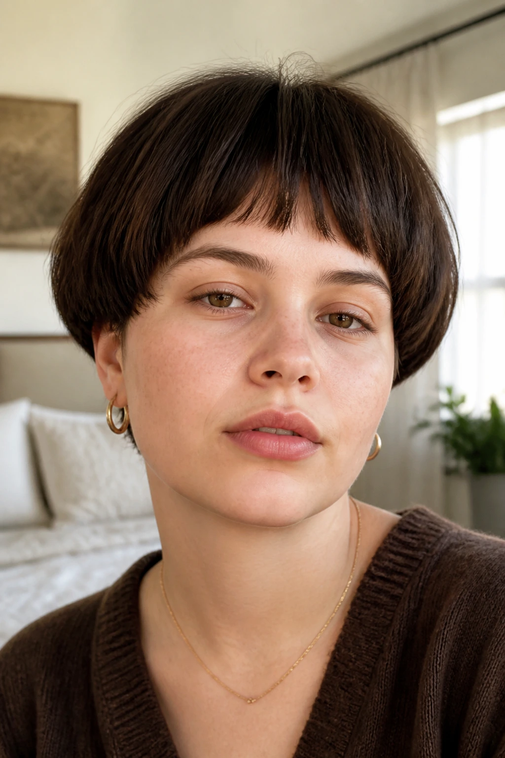 Real woman with wispy bowl and micro bangs