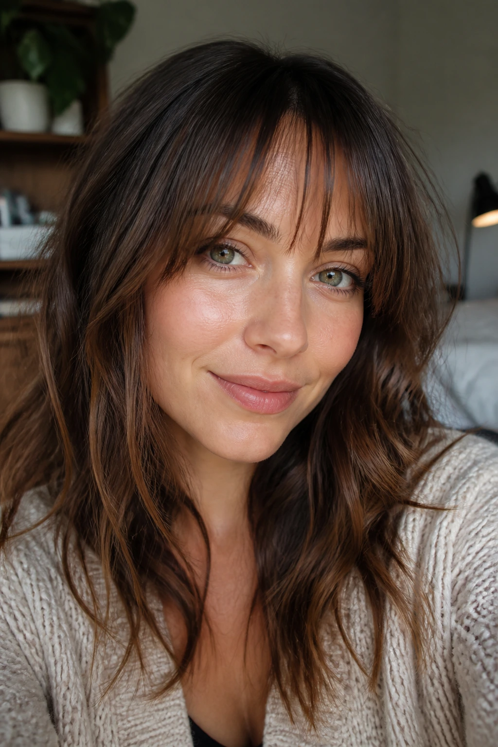 Close-up of a real woman wearing wispy brow-grazing bangs in soft indoor light