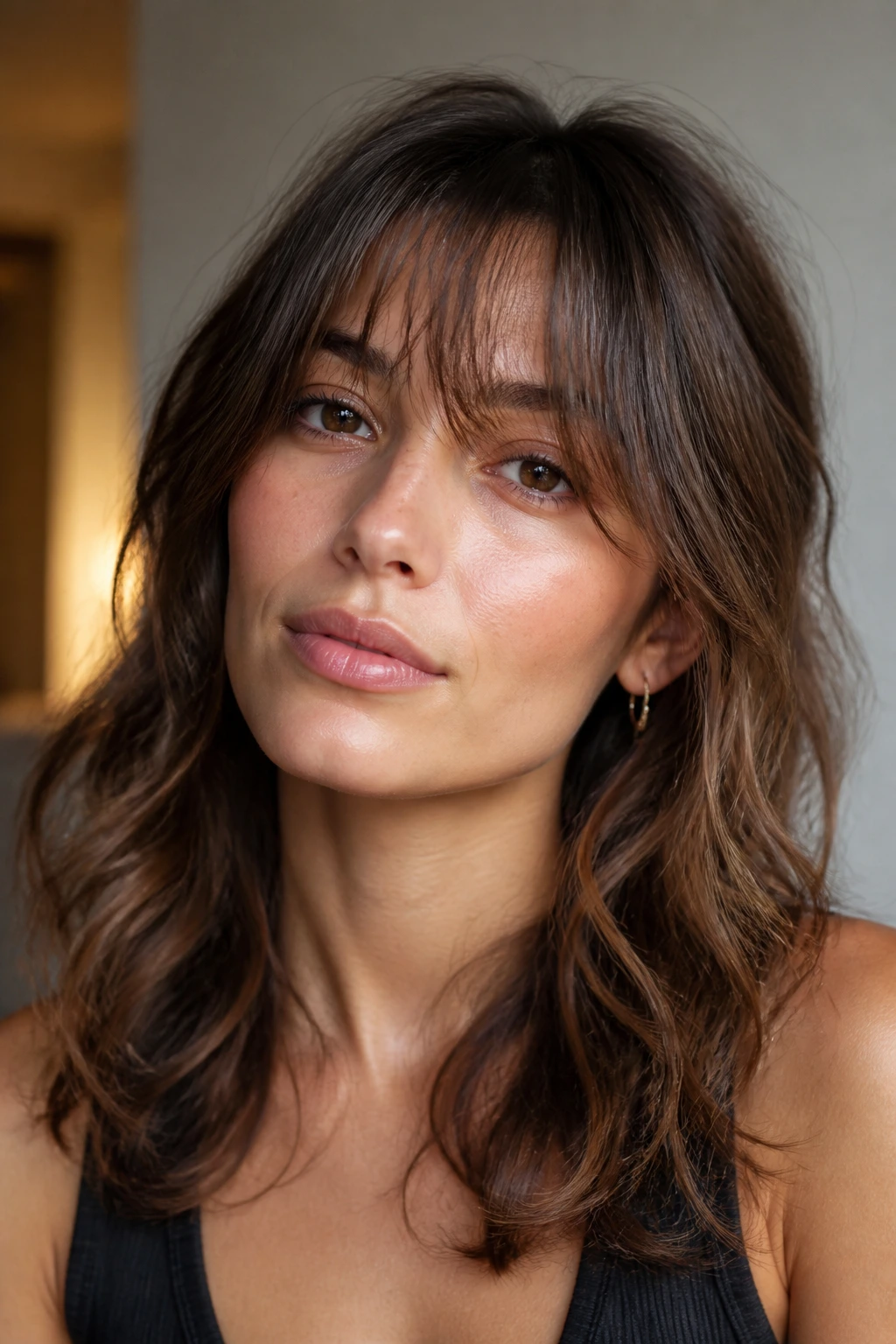 Portrait of person with wispy brow-grazing fringe and soft ends