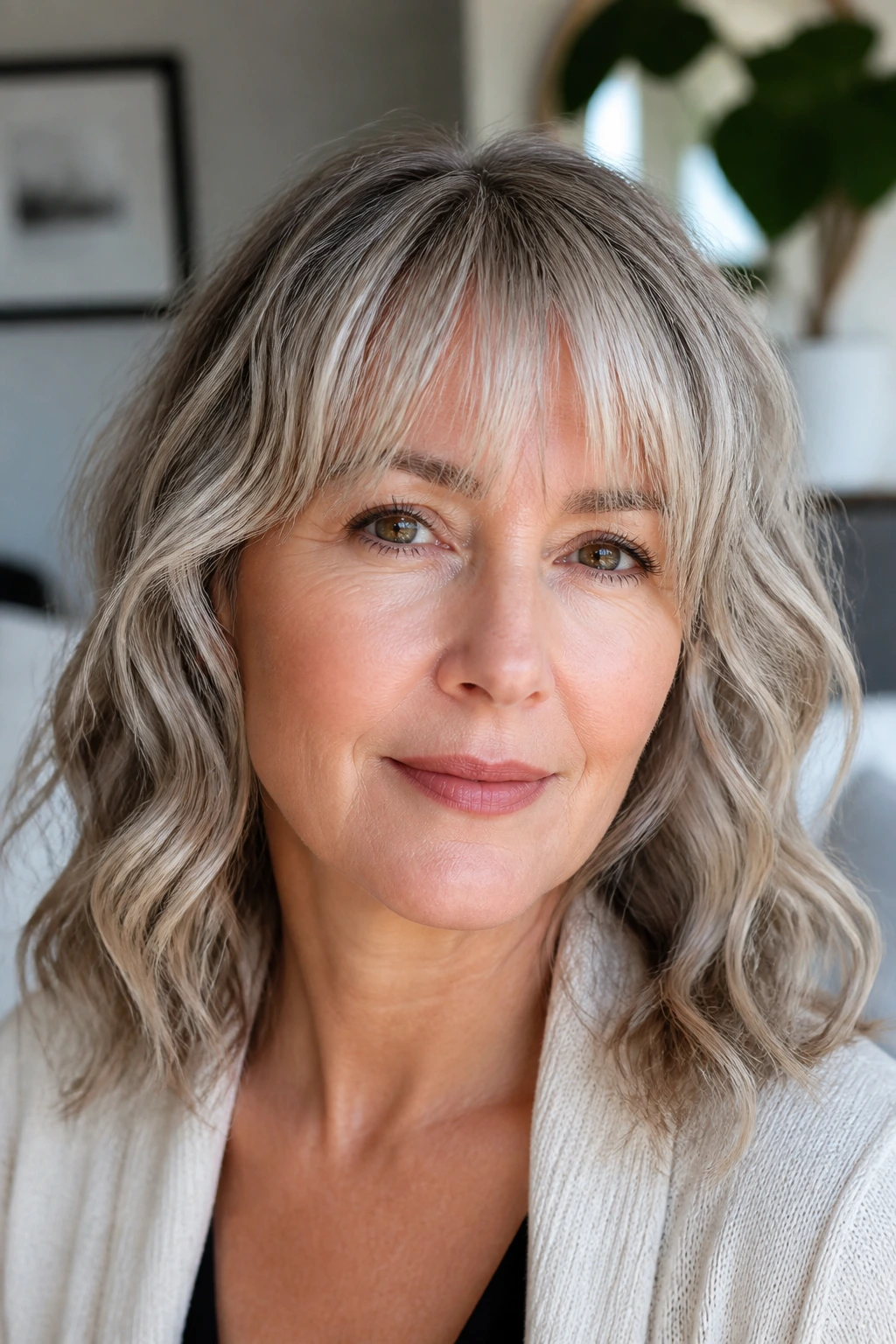 Portrait of a woman with wispy brow-grazing fringe in natural light