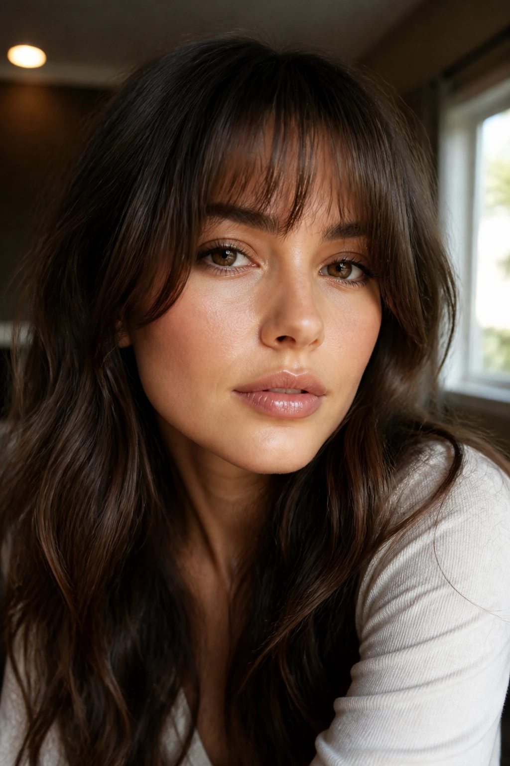 Close-up of a real woman with wispy bangs grazing the brows