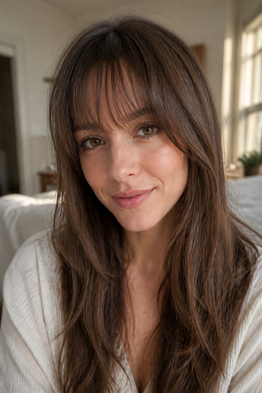 Close-up portrait of a person with wispy brow-length fringe
