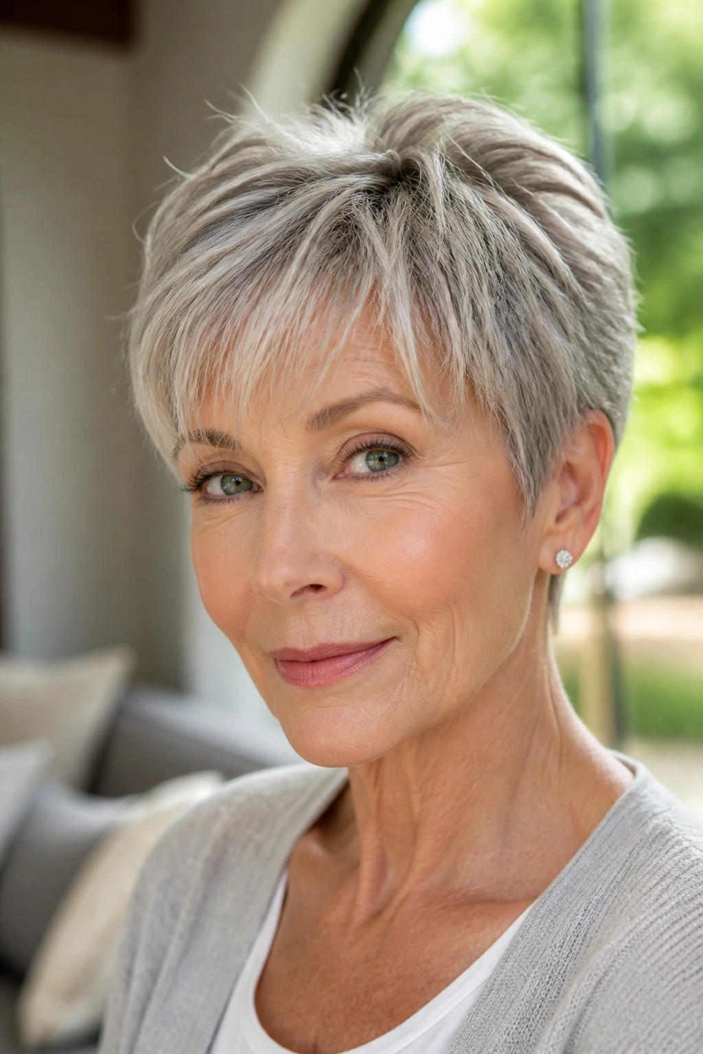 Close-up of a woman with a wispy crop and light fringe in bright daylight