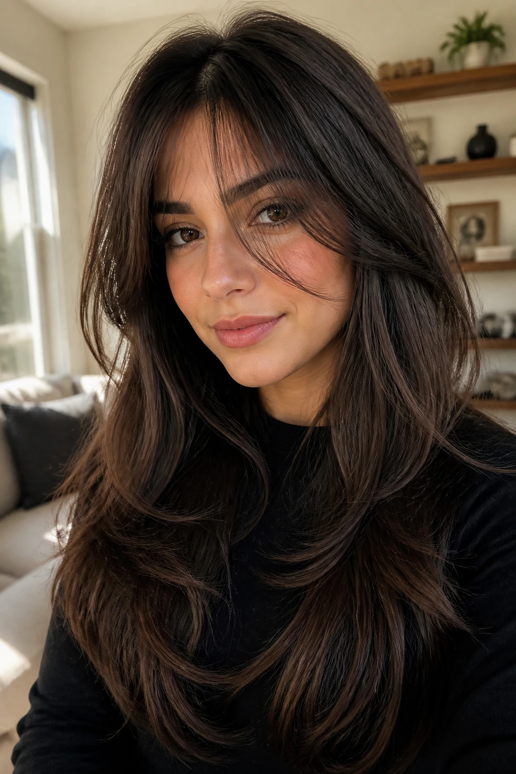 Real woman with wispy face-framing layers for thick hair in natural lighting