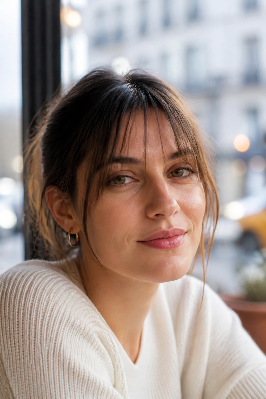 Close-up portrait of a real woman with wispy French fringe and airy strands in bright cafe window light