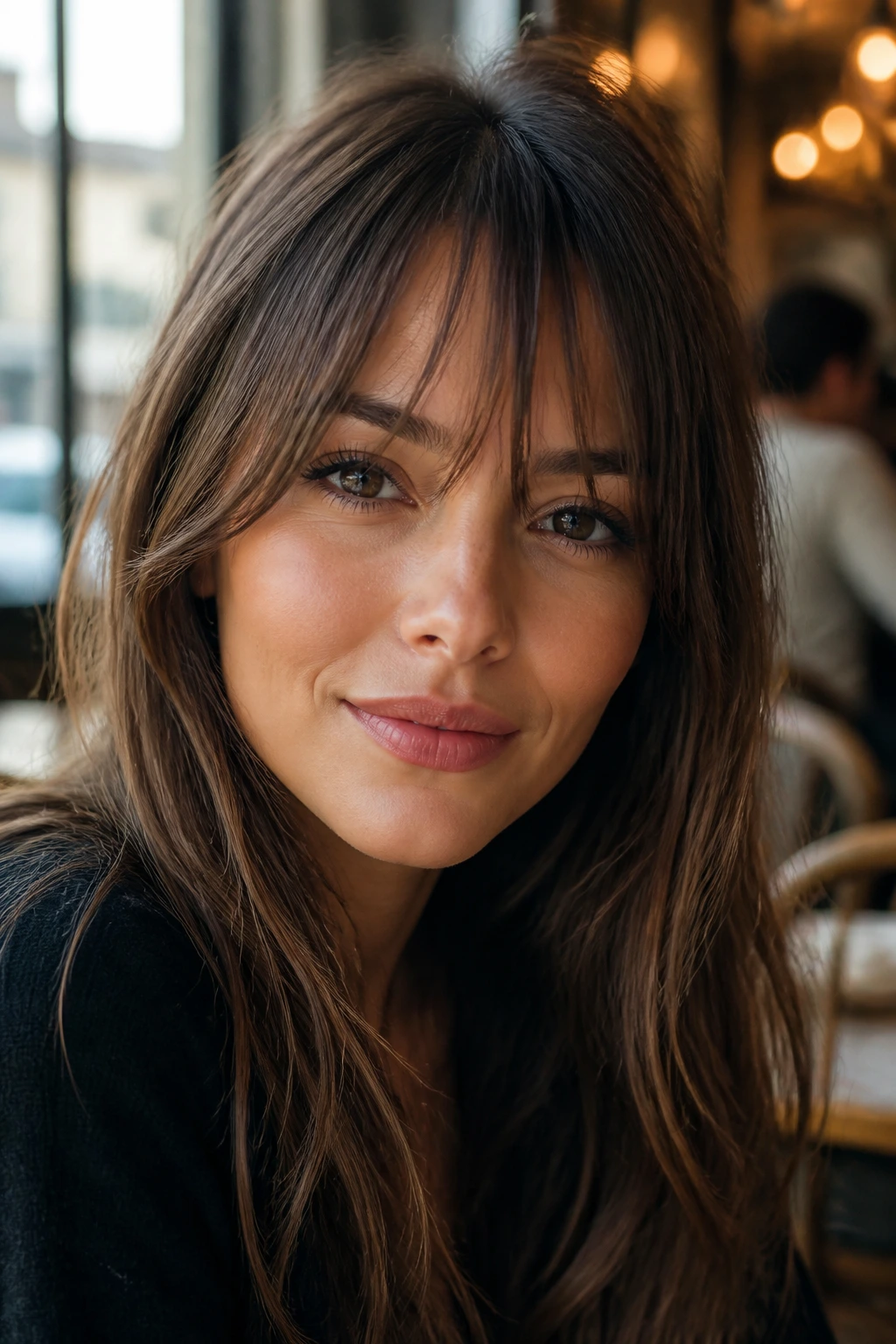 Close-up portrait of a real woman with wispy eyebrows-framing wispy bangs in a cafe-like setting
