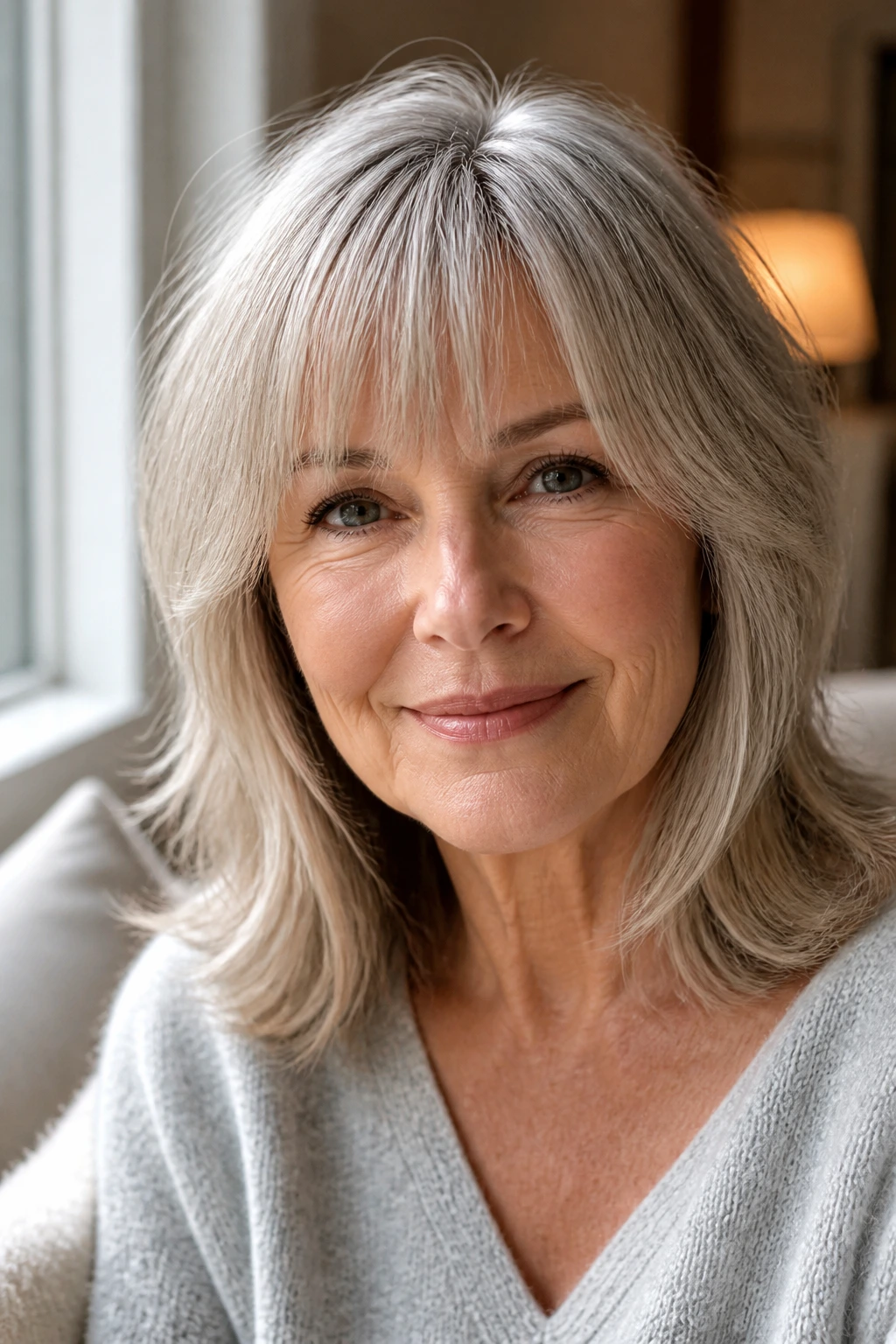Close-up of a real woman with wispy fringe and airy layers.