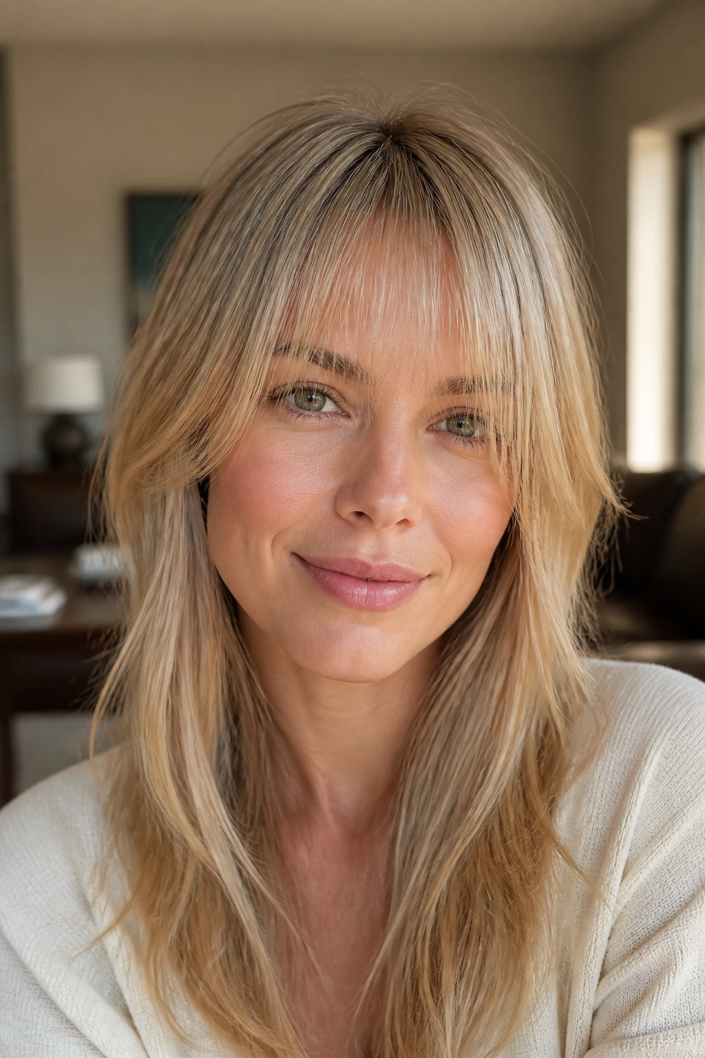 Real woman with wispy, see-through fringe in beige blonde