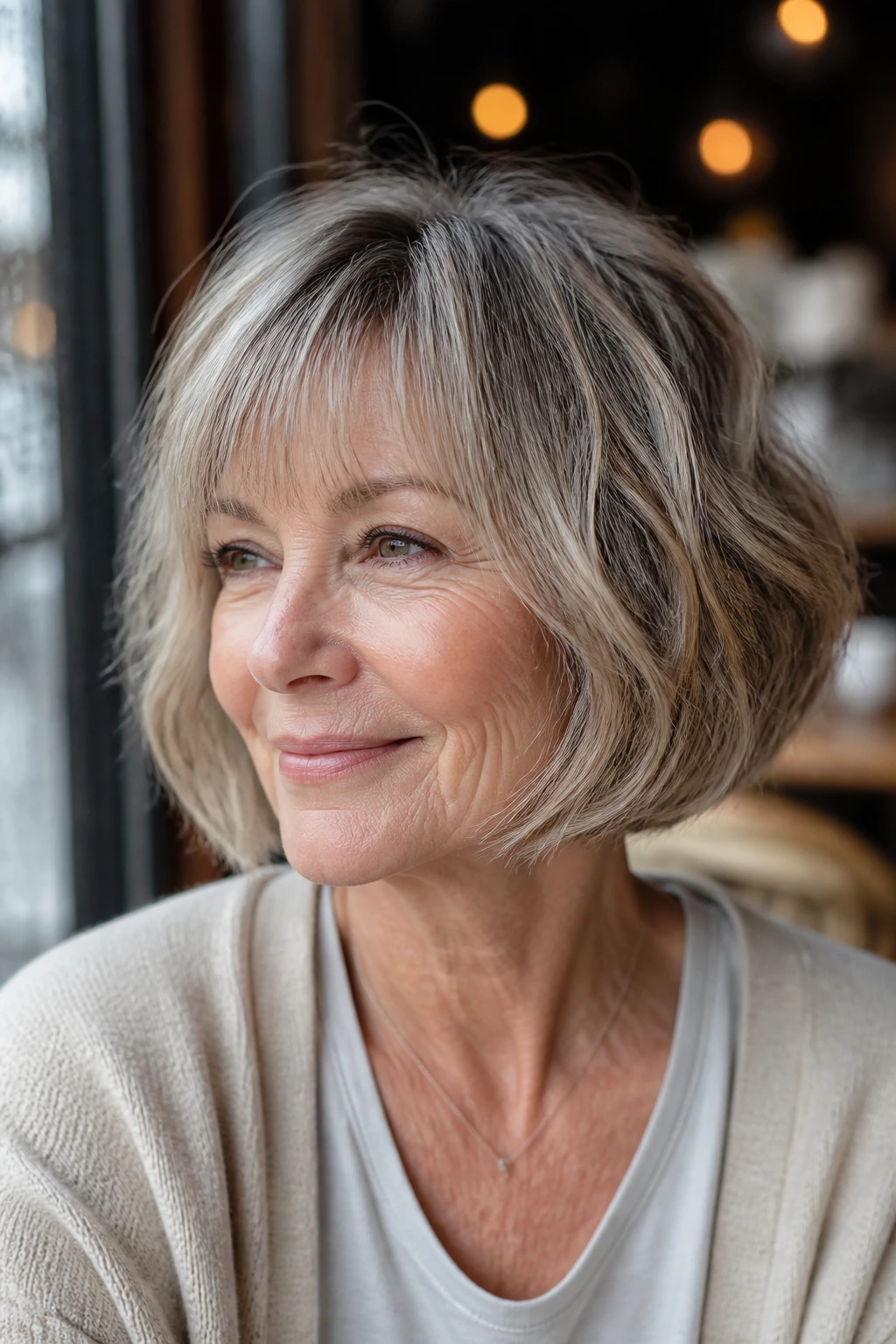 Close-up of a real woman with a wispy fringe bob and soft bangs