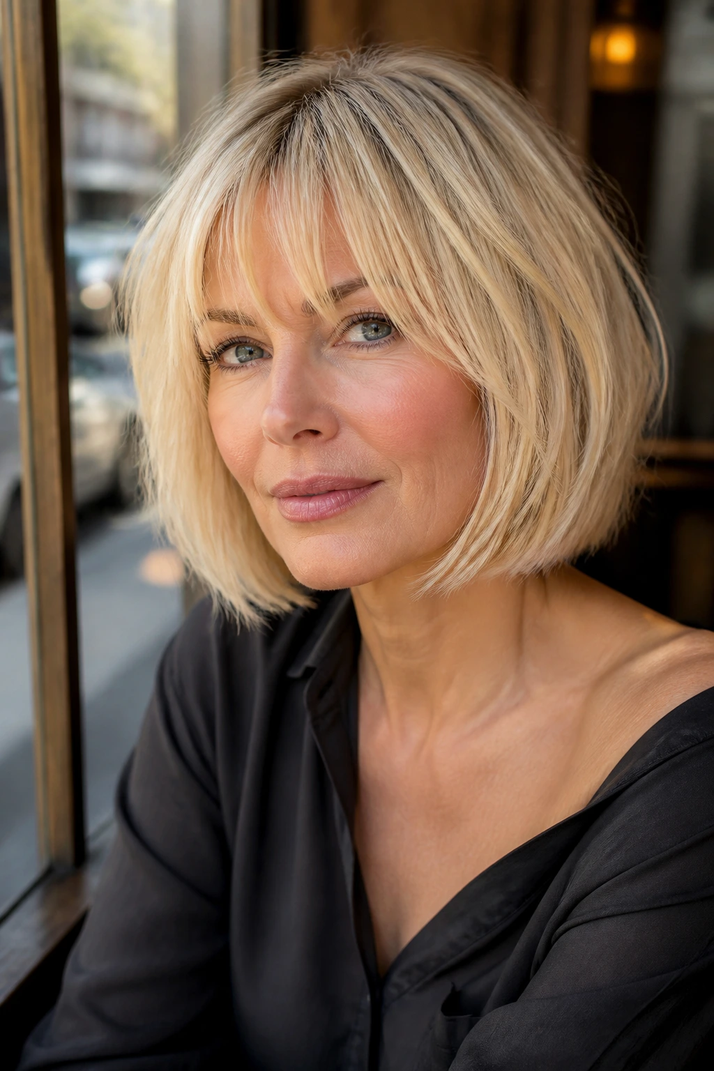 Close-up of a woman with wispy fringe bob and brighter front panels.
