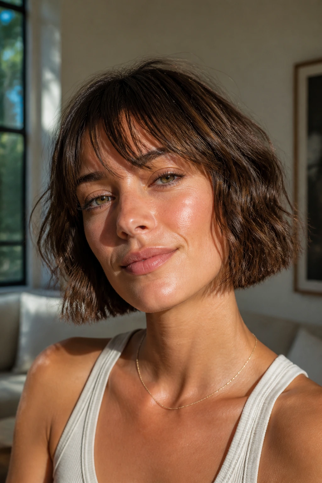 Close-up of a real woman with wispy fringe paired with a bob hairstyle