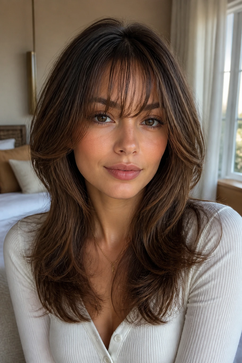 Close-up of wispy fringe butterfly hairstyle on a narrow-faced woman