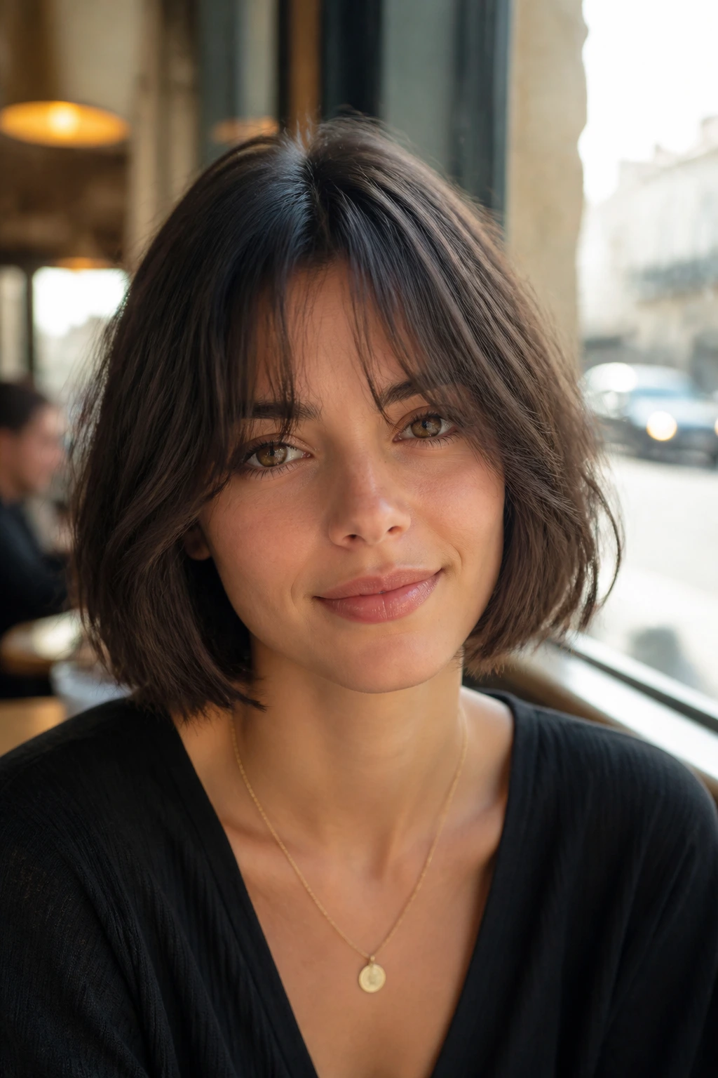 Close-up of a real woman with wispy fringe center bob in a cafe window light