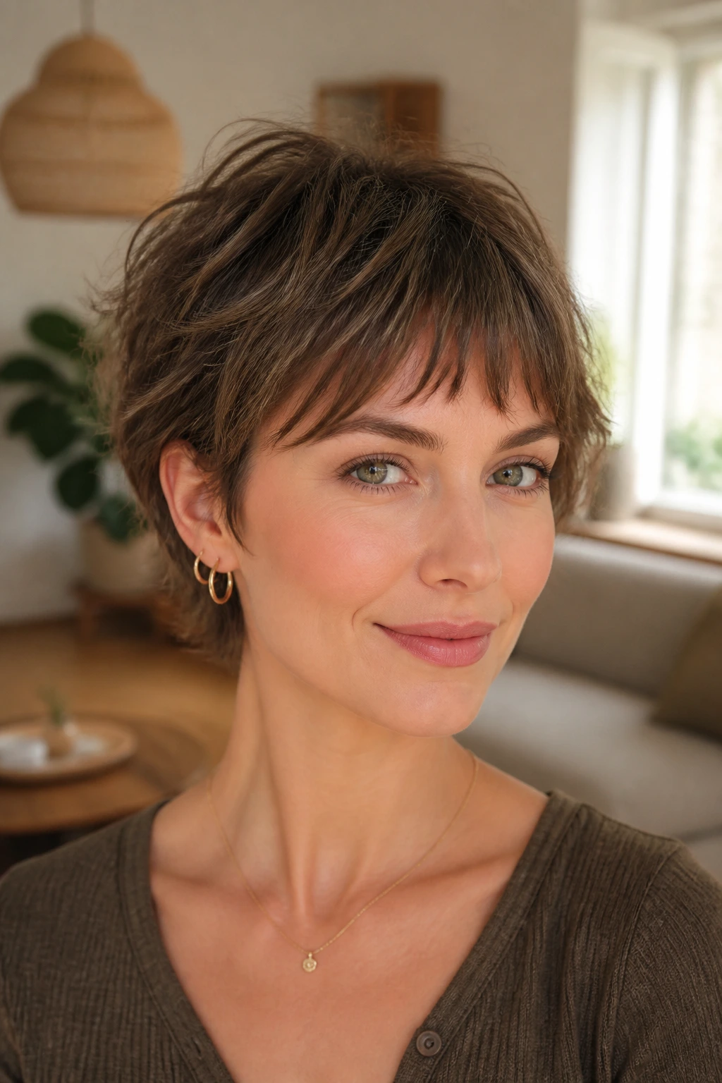 Real woman with wispy fringe crop framing the brows