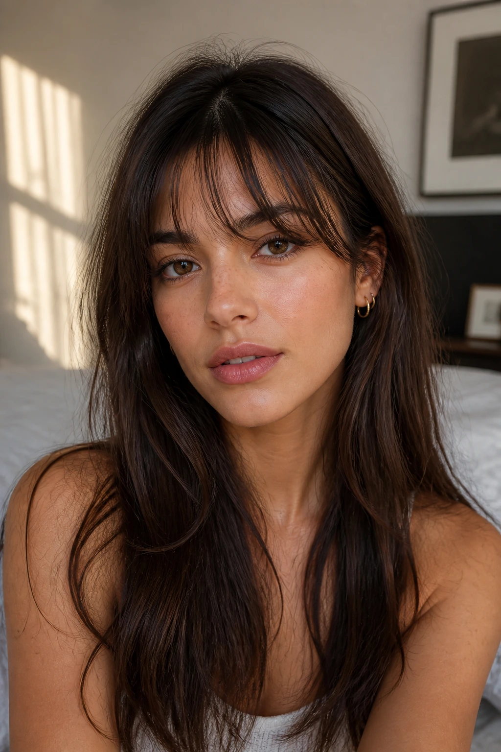Close-up portrait of a woman with wispy fringe breaking up dense front