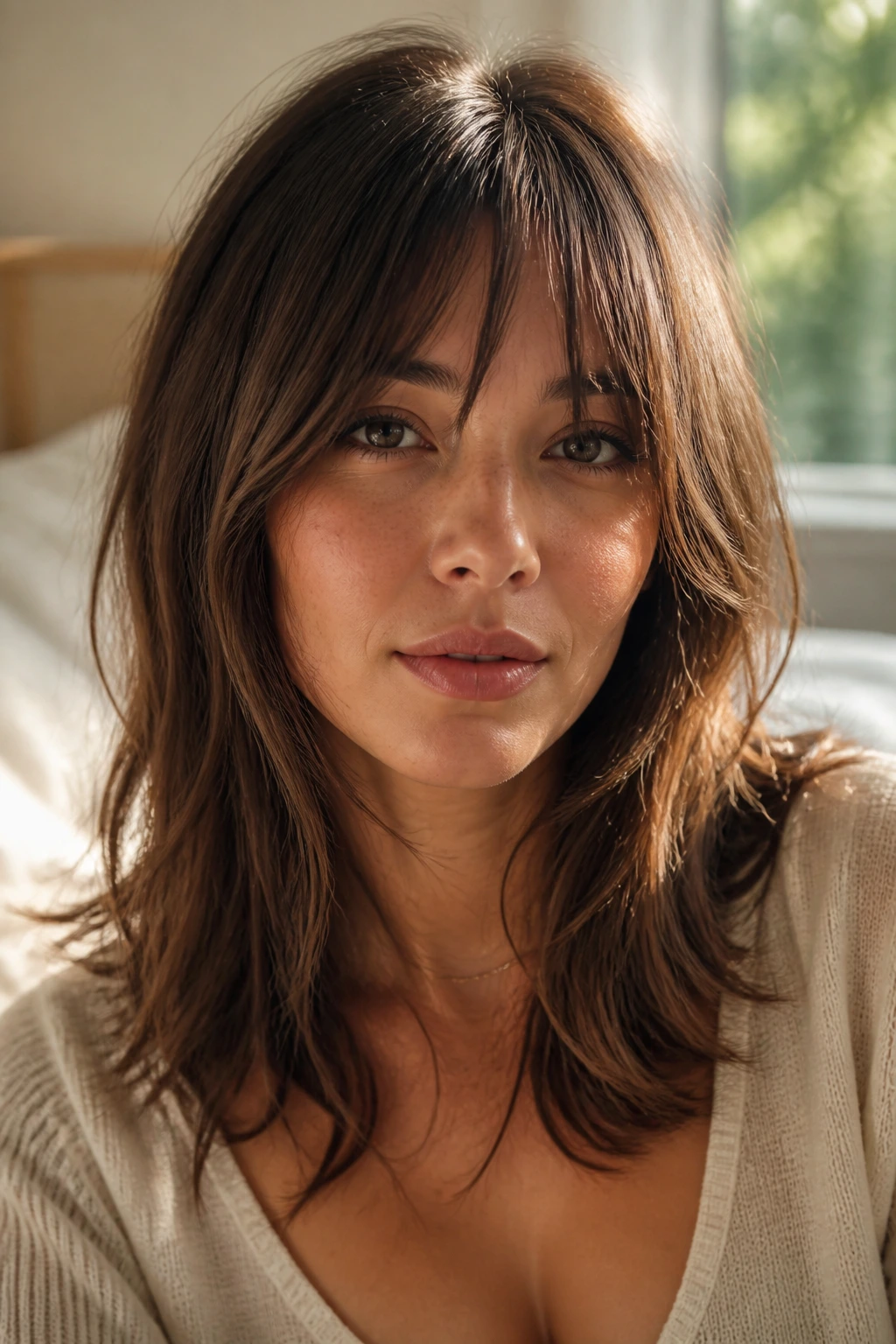 Close-up portrait of a real woman with wispy, face-framing bangs in warm window light