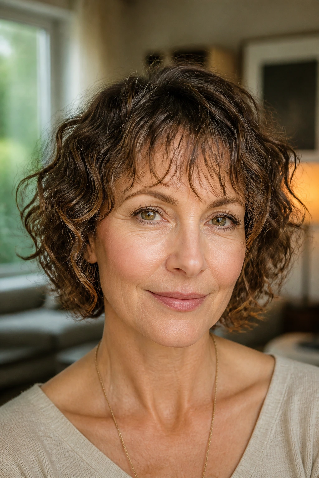 Close-up portrait of a real woman with wispy fringe on fine curly hair, natural window light