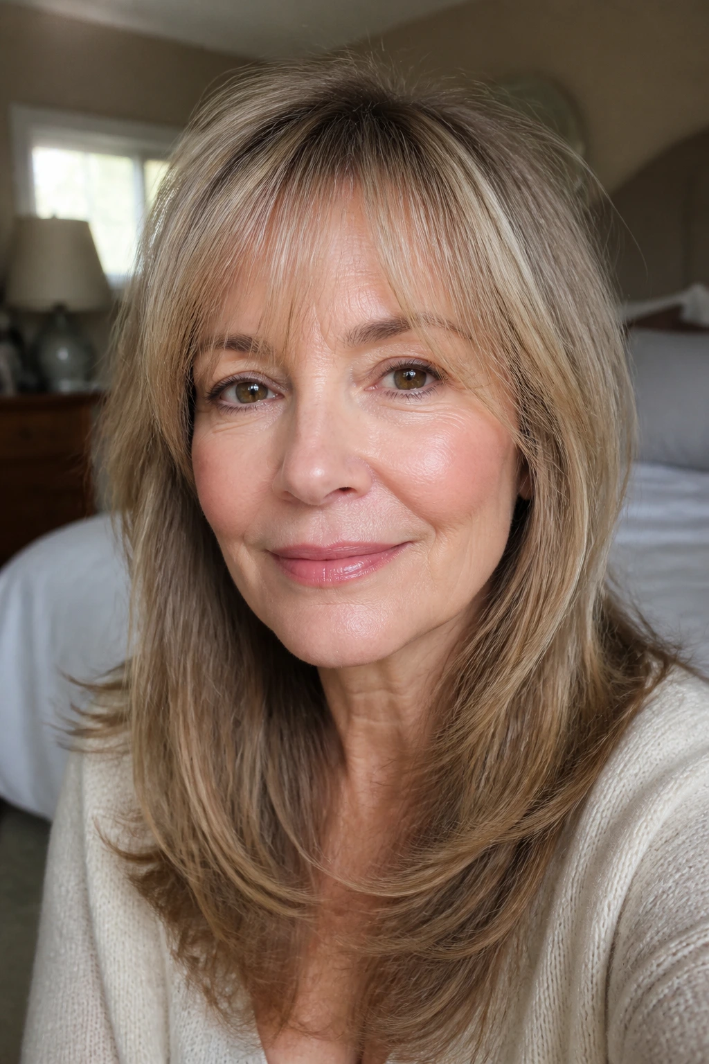 Close-up portrait of a woman with wispy fringe for fine hair in natural window light