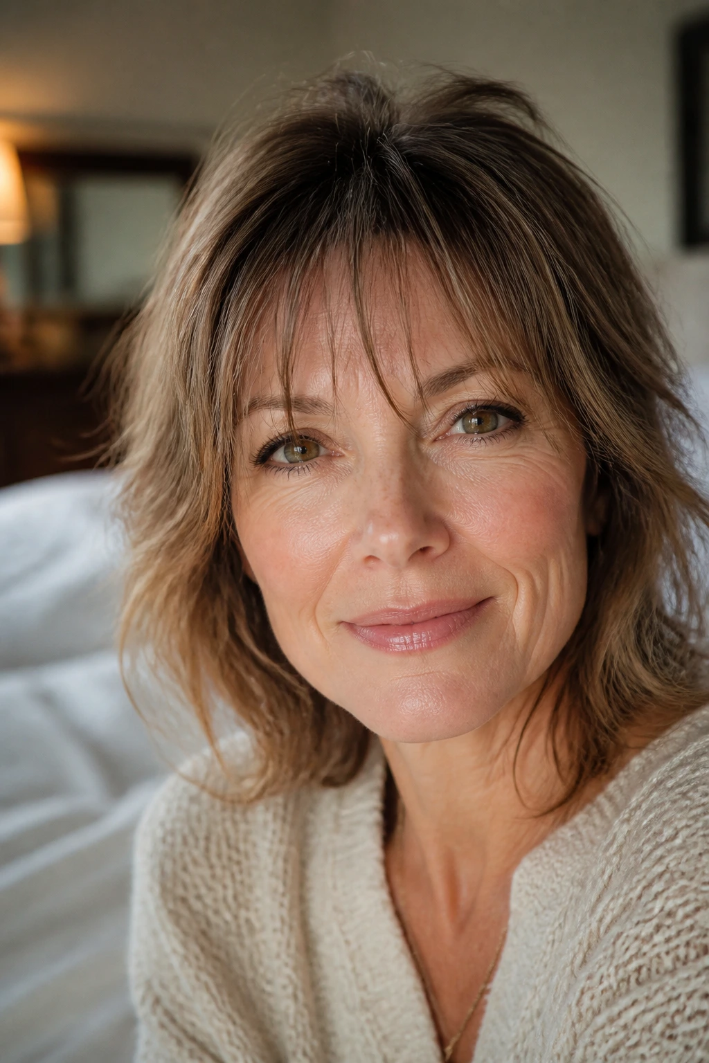 Close-up portrait of a real woman with wispy fringe in softly lit bedroom