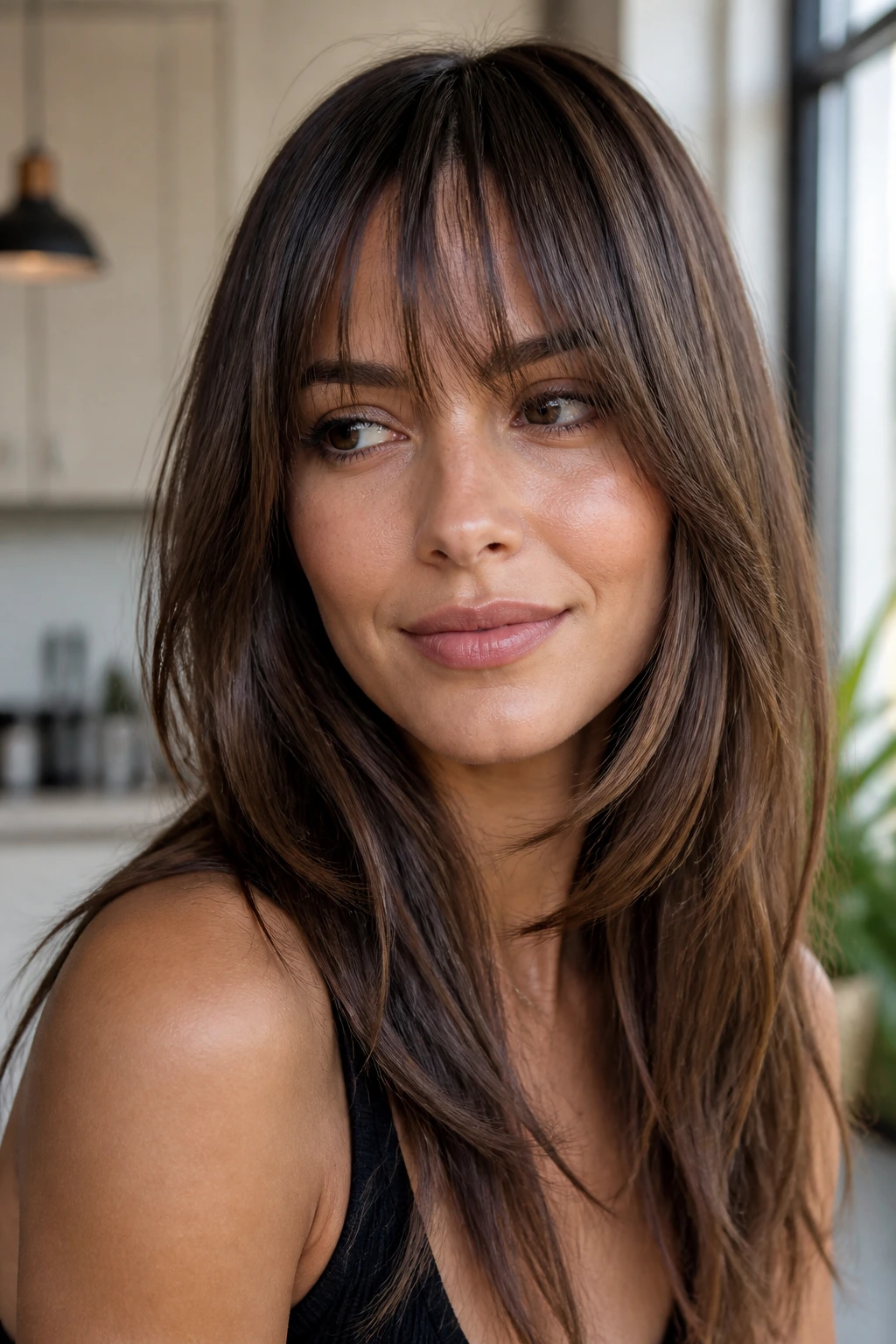 Real person with wispy fringe grazing brows and subtle invisible layers