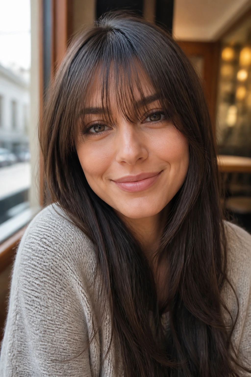 Close-up of a real woman with eye-skimming wispy fringe near lashes in natural light