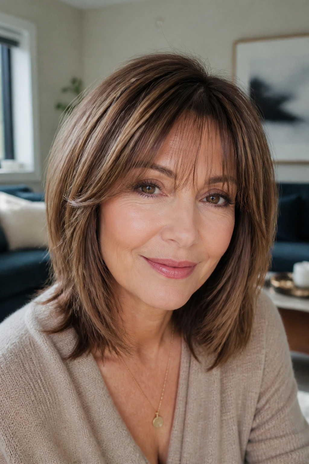 Close-up of a woman with wispy fringe and layered lob in a cozy room