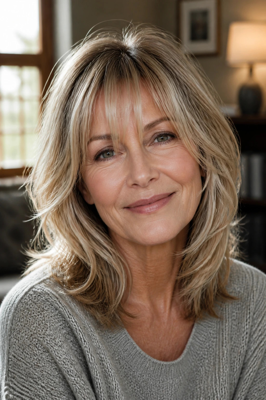 Close-up of a real woman with wispy fringe layers softly framing the forehead