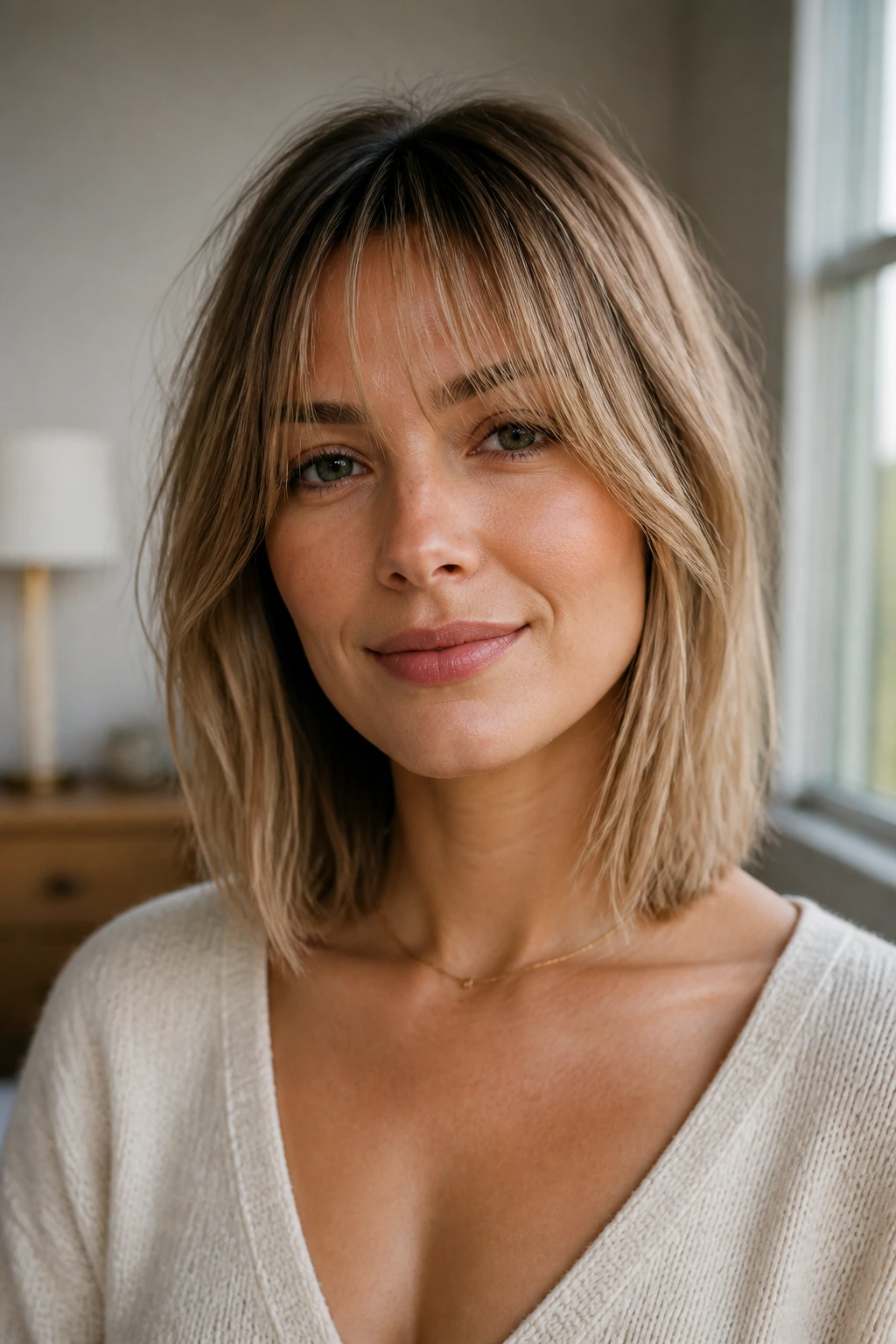 Close-up portrait of a woman with wispy split fringe and a lob in warm window light