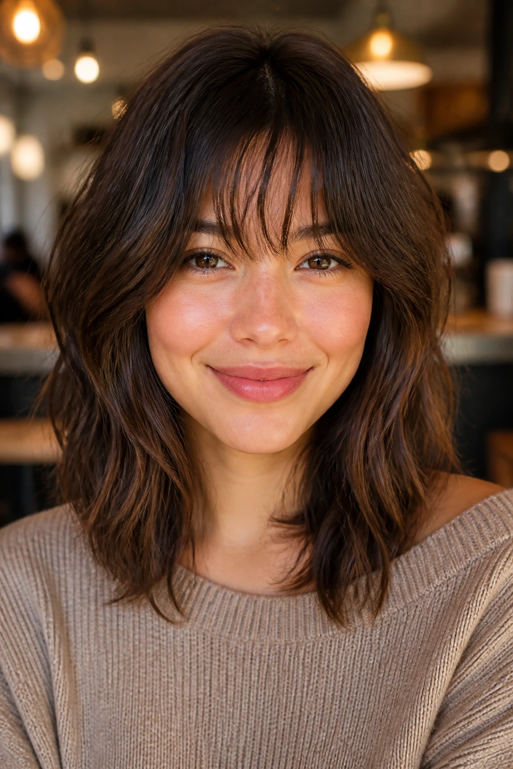 Close-up portrait of a real woman with wispy fringe and a lob