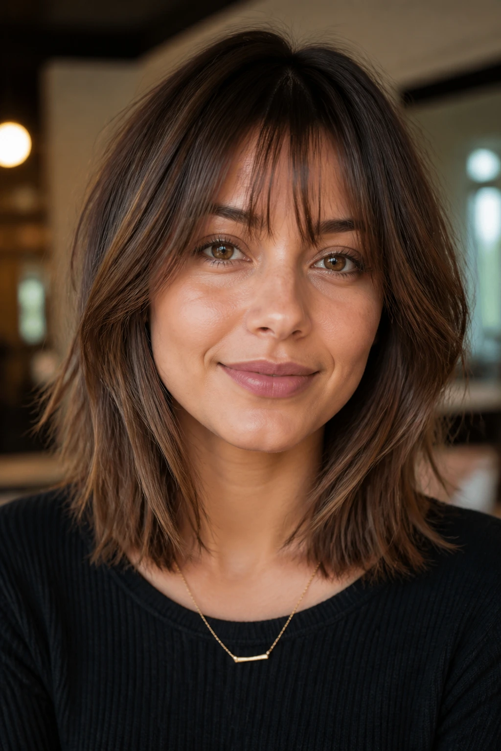 Close-up portrait of a real woman with wispy fringe lob and soft brows in warm light