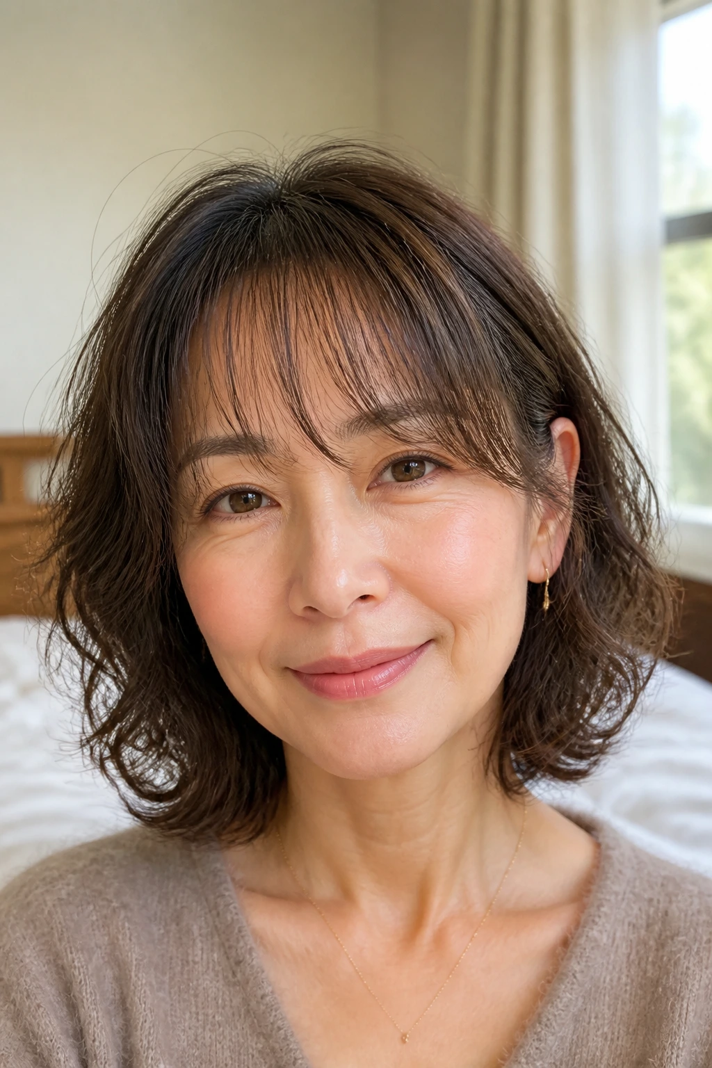 Close-up of a real woman with wispy fringe lob