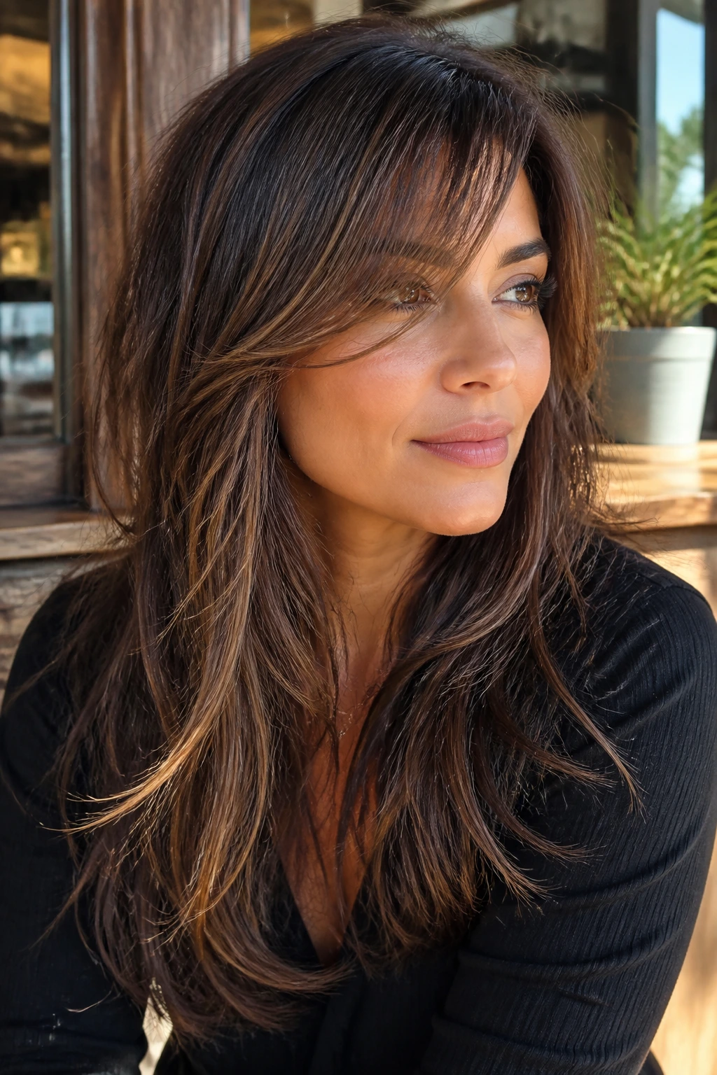 Portrait of a real woman with long layers and wispy side fringe softening the forehead.