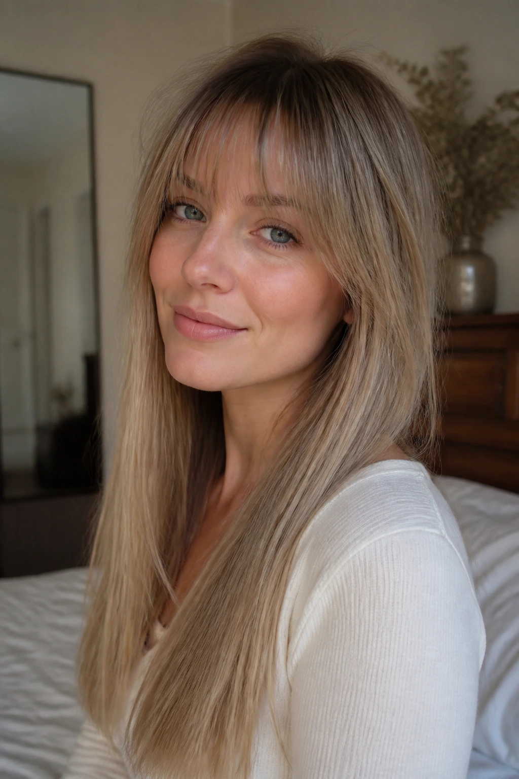 Close-up of a real woman with wispy fringe and long straight lengths in soft natural light