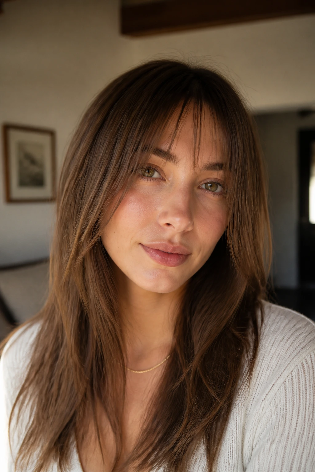 Real woman with wispy fringe and long sides softening a long face