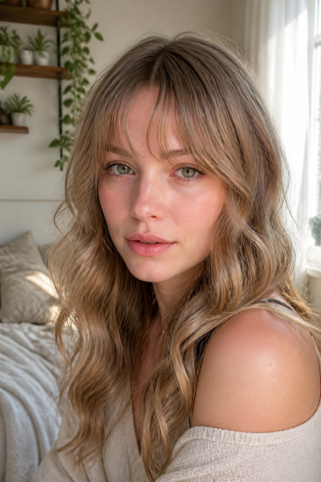 Portrait of a woman with wispy fringe and loose curls in beige blonde.
