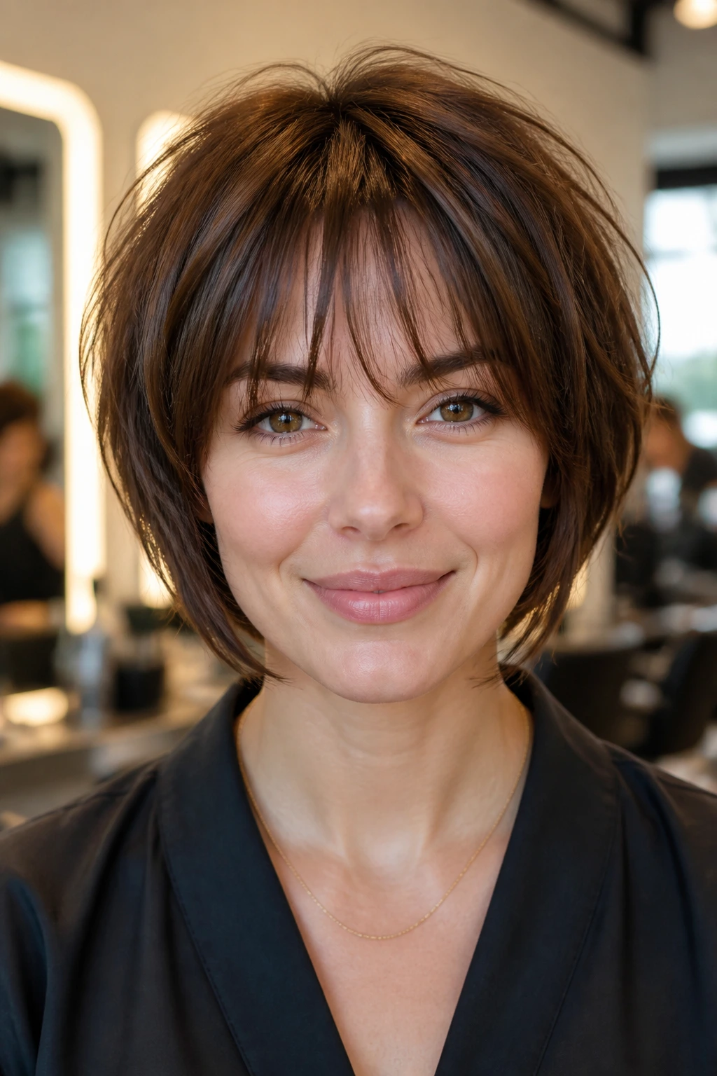 Close-up of a real woman with wispy fringe on a rounded pixie bob in window light