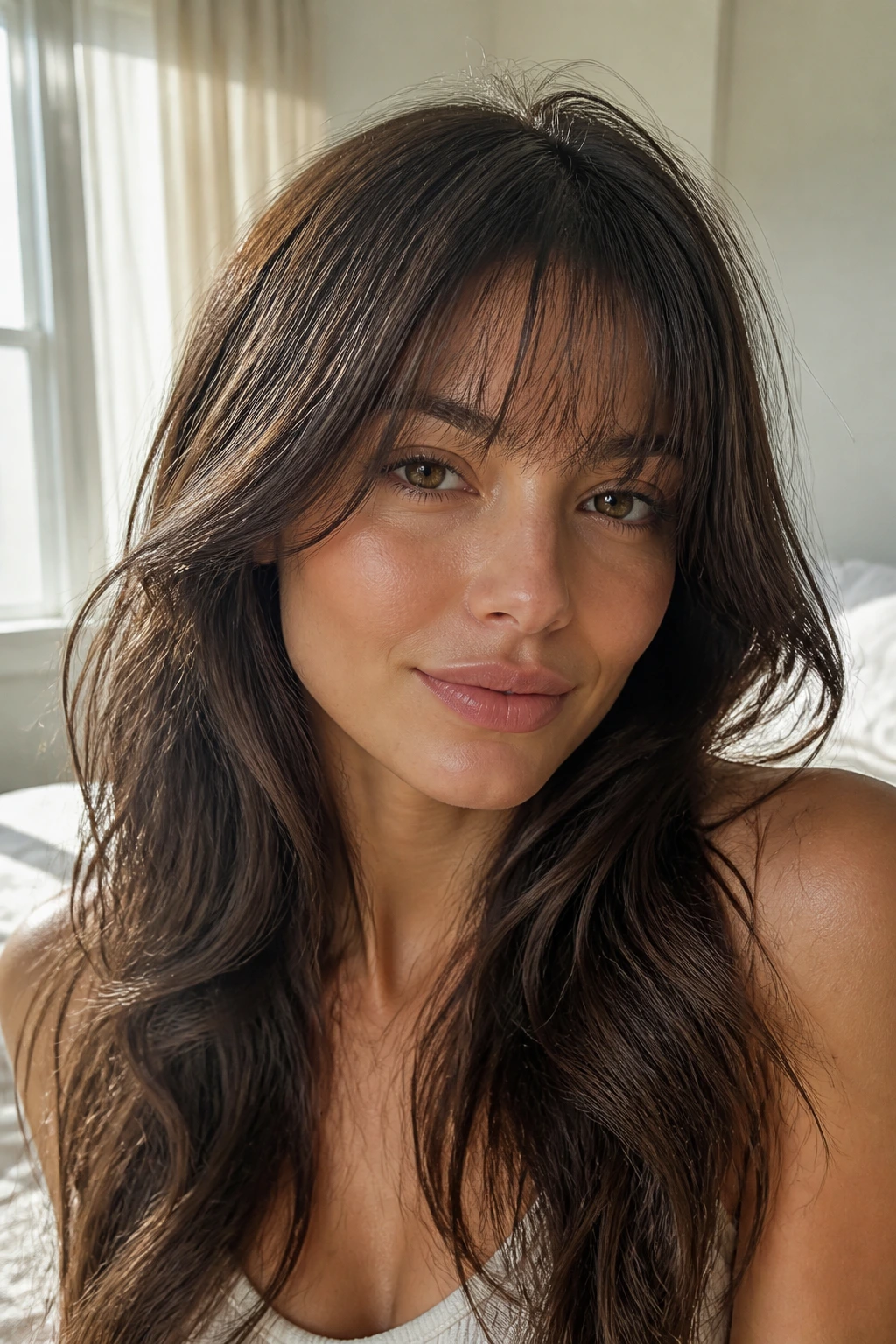 Portrait with wispy full fringe showing light density and soft framing