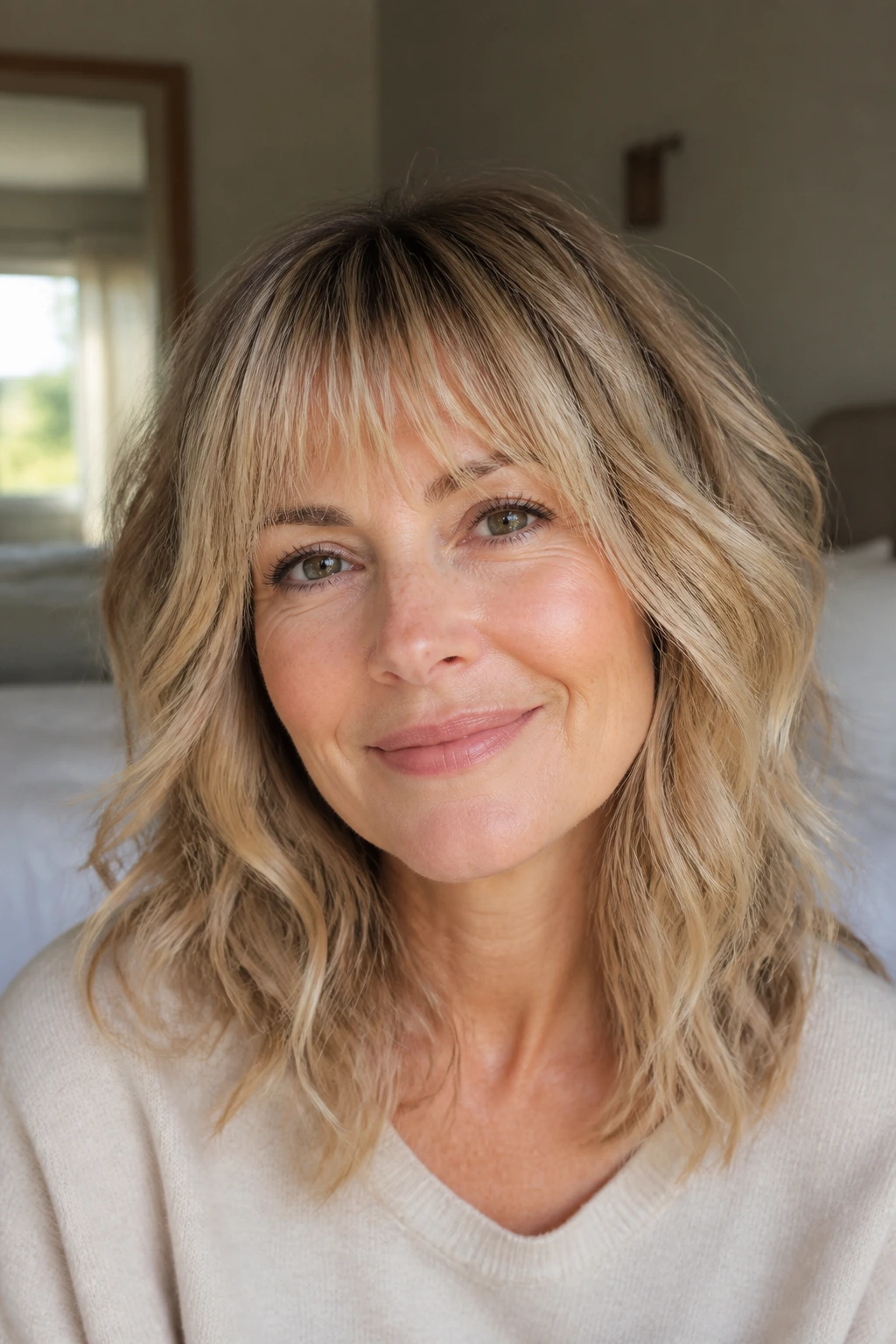 Real woman with wispy fringe and soft layers in morning light