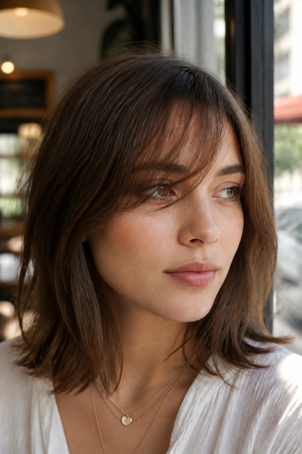 Close-up portrait of a woman with wispy diagonal fringe in natural window light