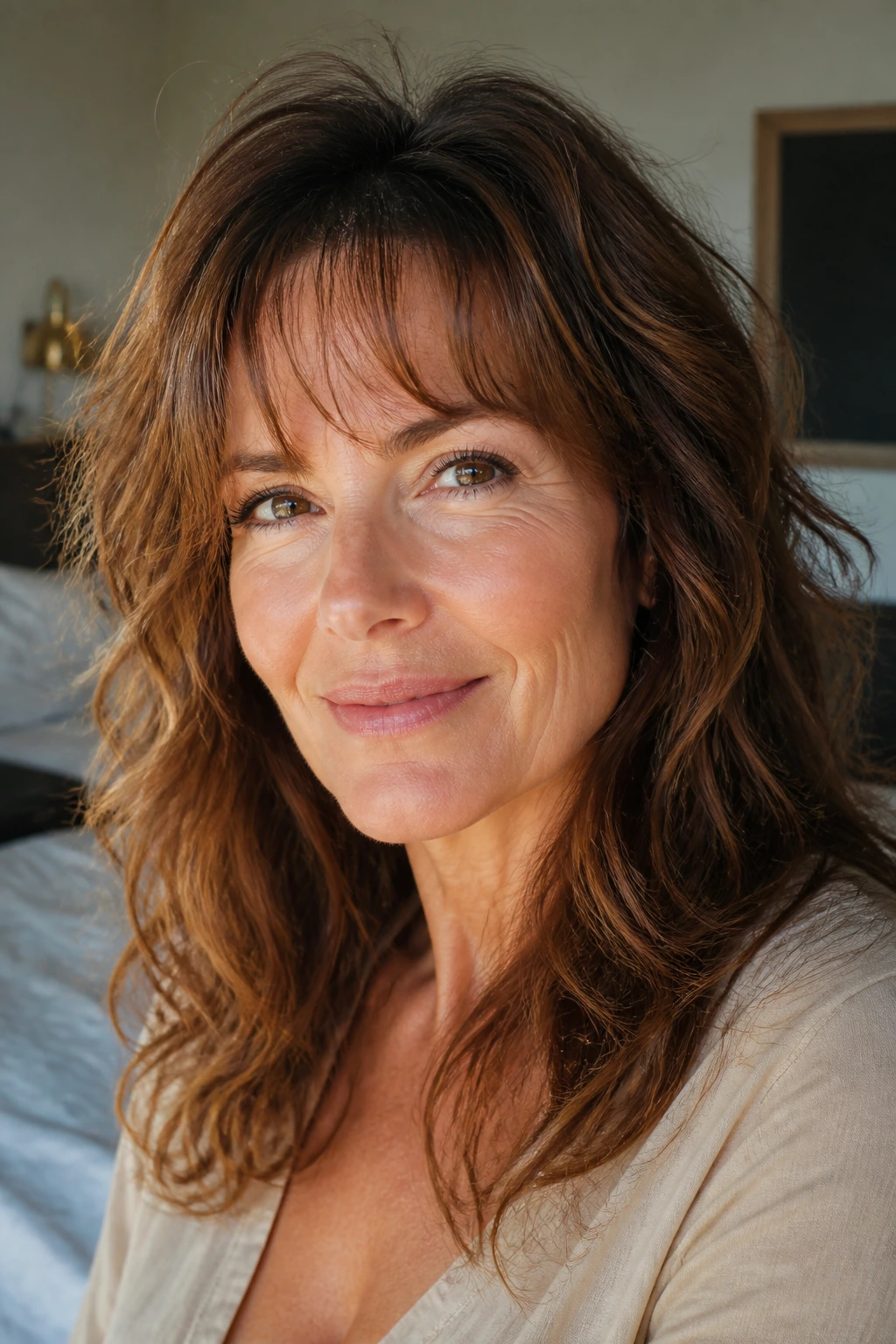 Close-up portrait of a real woman with wispy fringe framing the forehead in warm window light