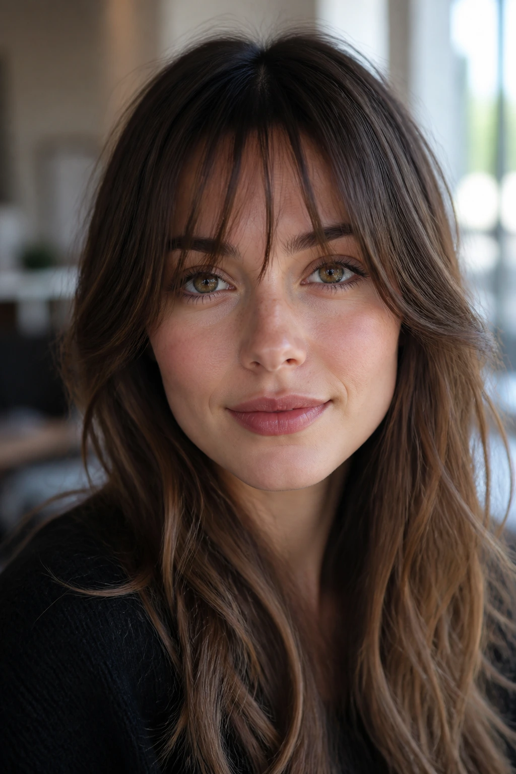 Real woman with wispy fringe softening round face in natural light