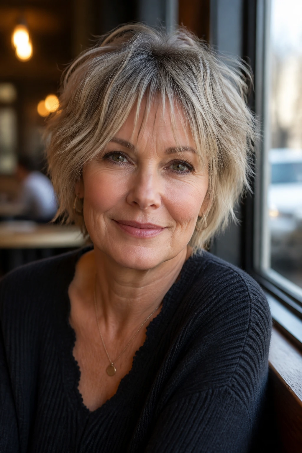 Close-up portrait of a real woman with wispy fringe shag