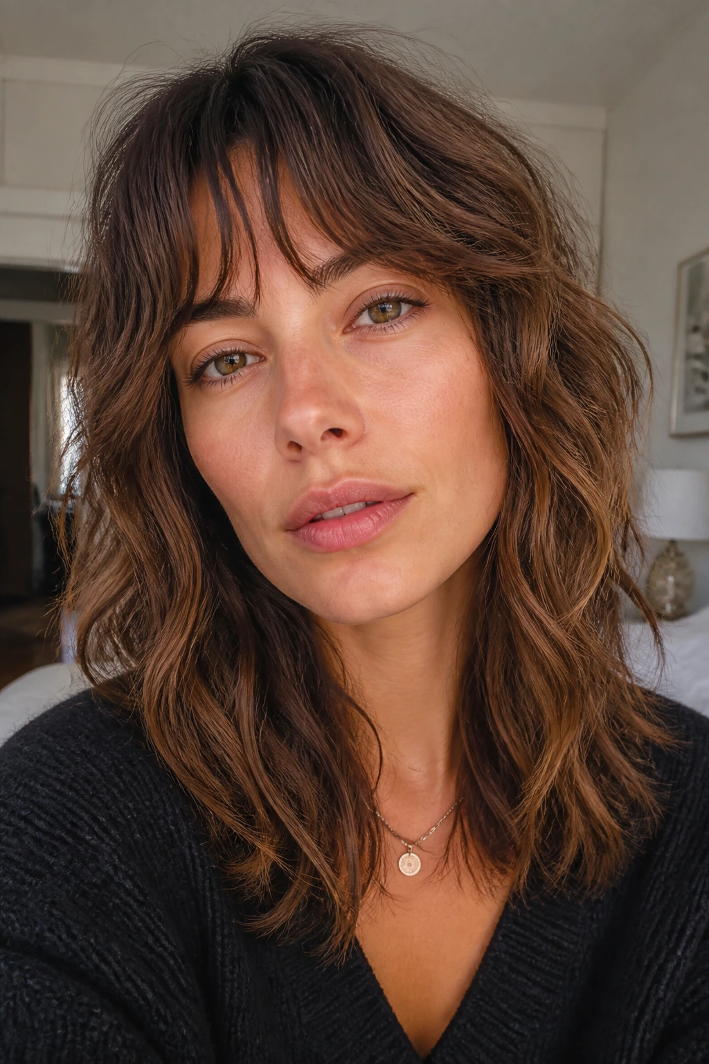 Close-up portrait of a real woman with wispy fringe shag and soft, loose bangs