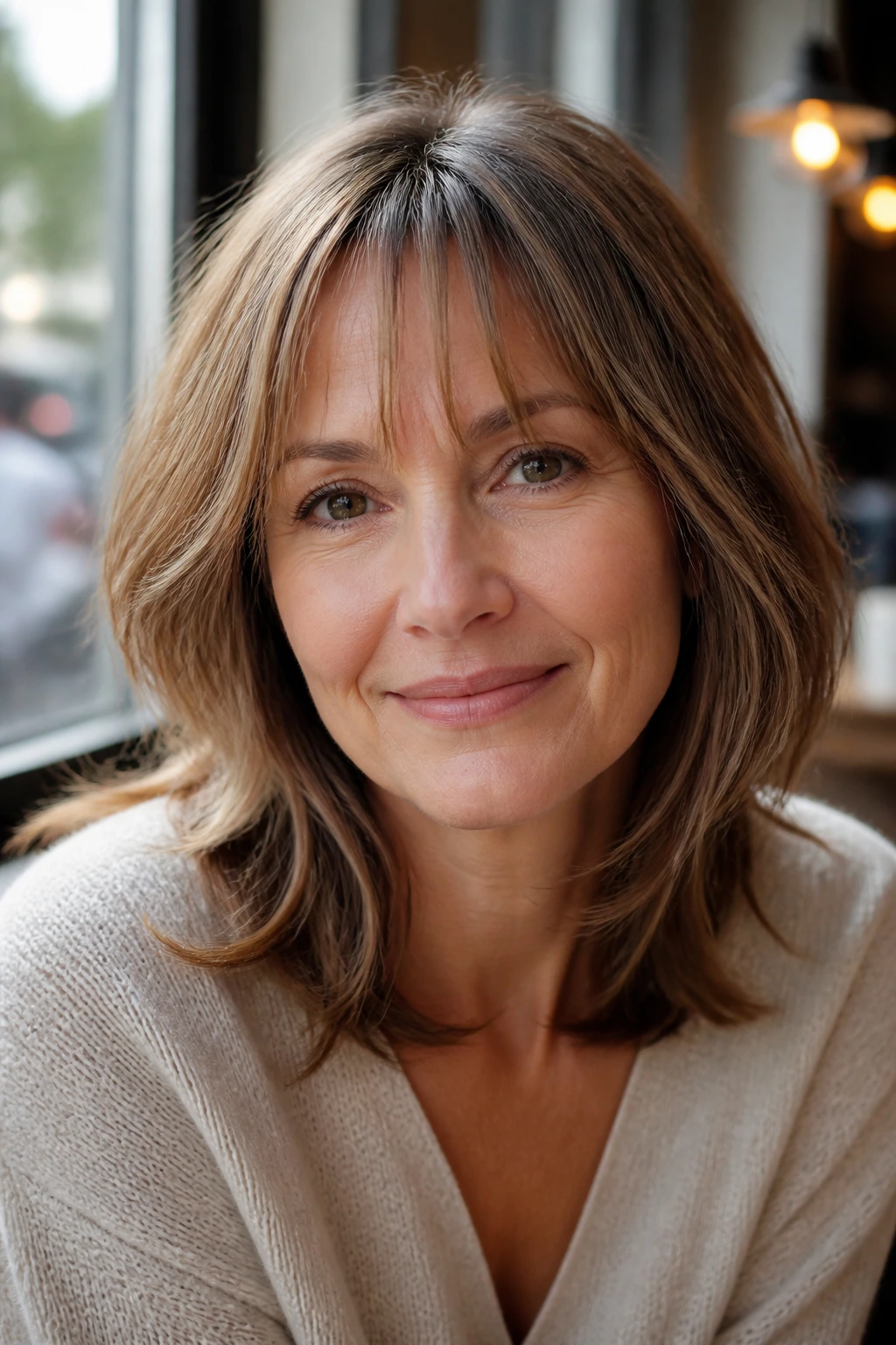Portrait of a woman with wispy fringe and shoulder-skimming layers in natural daylight.