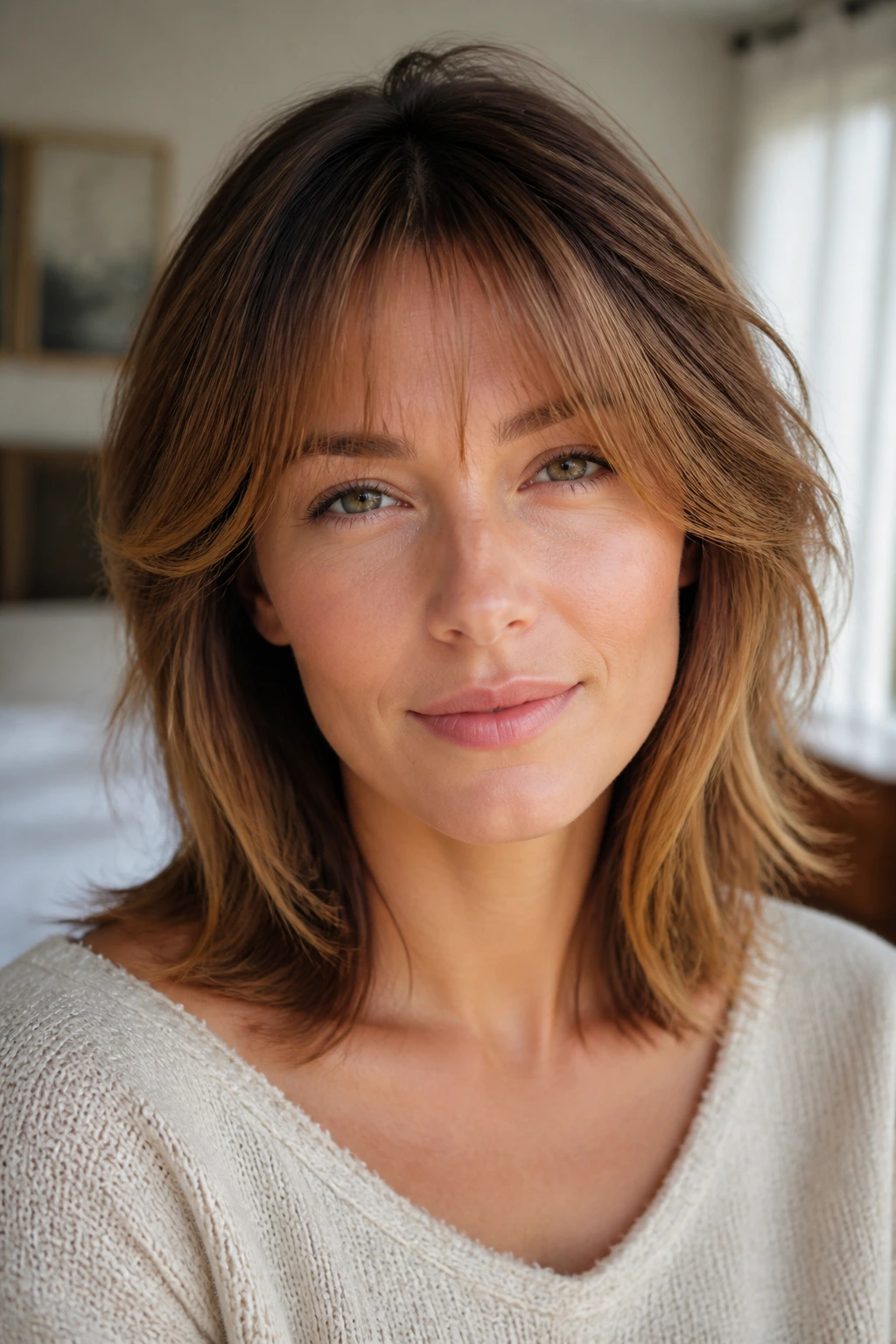 Close-up portrait of a real woman with wispy fringe and side volume on shoulder-length hair.