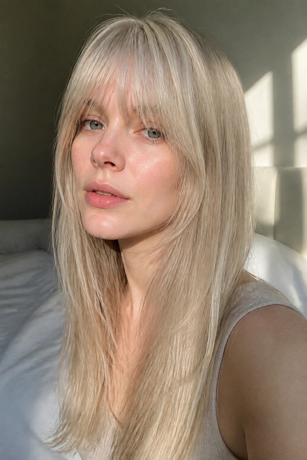 Close-up portrait of person with wispy fringe and straight lengths in steel blonde