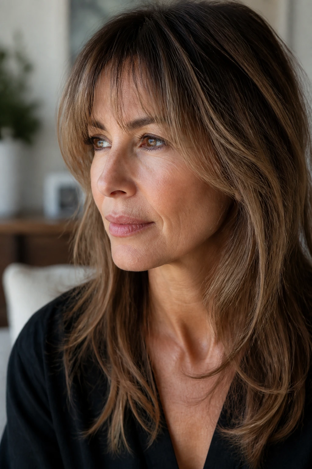 Close-up portrait of a real woman with wispy temple-blend fringe in warm natural light