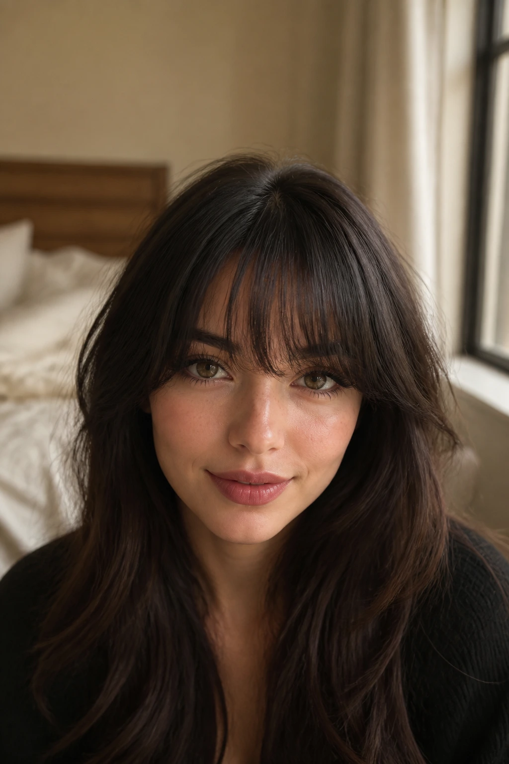 Close-up portrait of a real woman with wispy fringe resting softly on the forehead in natural light